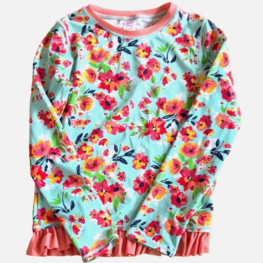 RuffleButts Rash Guard Swim Top Girls Size 10 Floral Mint Pink Ruffle Hem